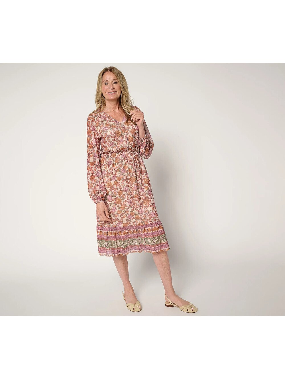 Denim & Co. Canyon Retreat Printed Long Sleeve Midi Dress Oatmeal, M   #826G